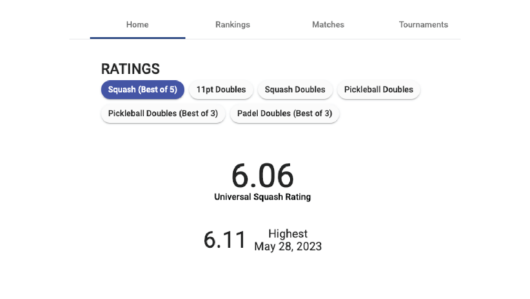 Player ratings screen showing Universal Squash Rating and highest rating
