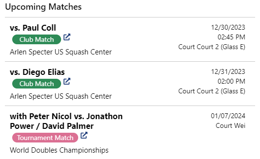 Upcoming matches list showing club and tournament matches with court and time